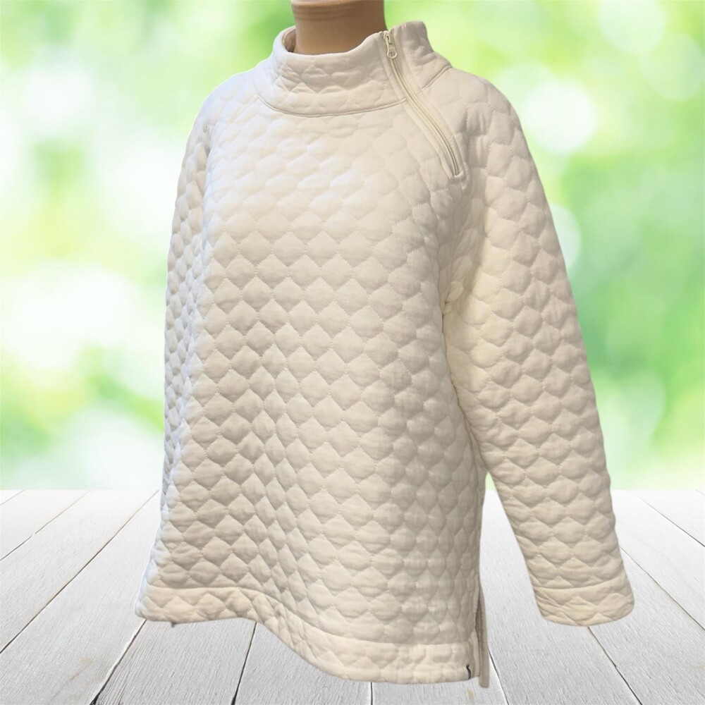 TALBOTS Quilted Pullover Sweater Mock Neck Asym 1/4 Zip White Cotton Plus 1X